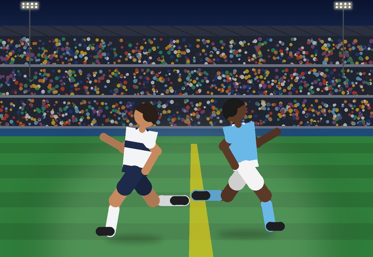 An attacker and a defender close to the offside line